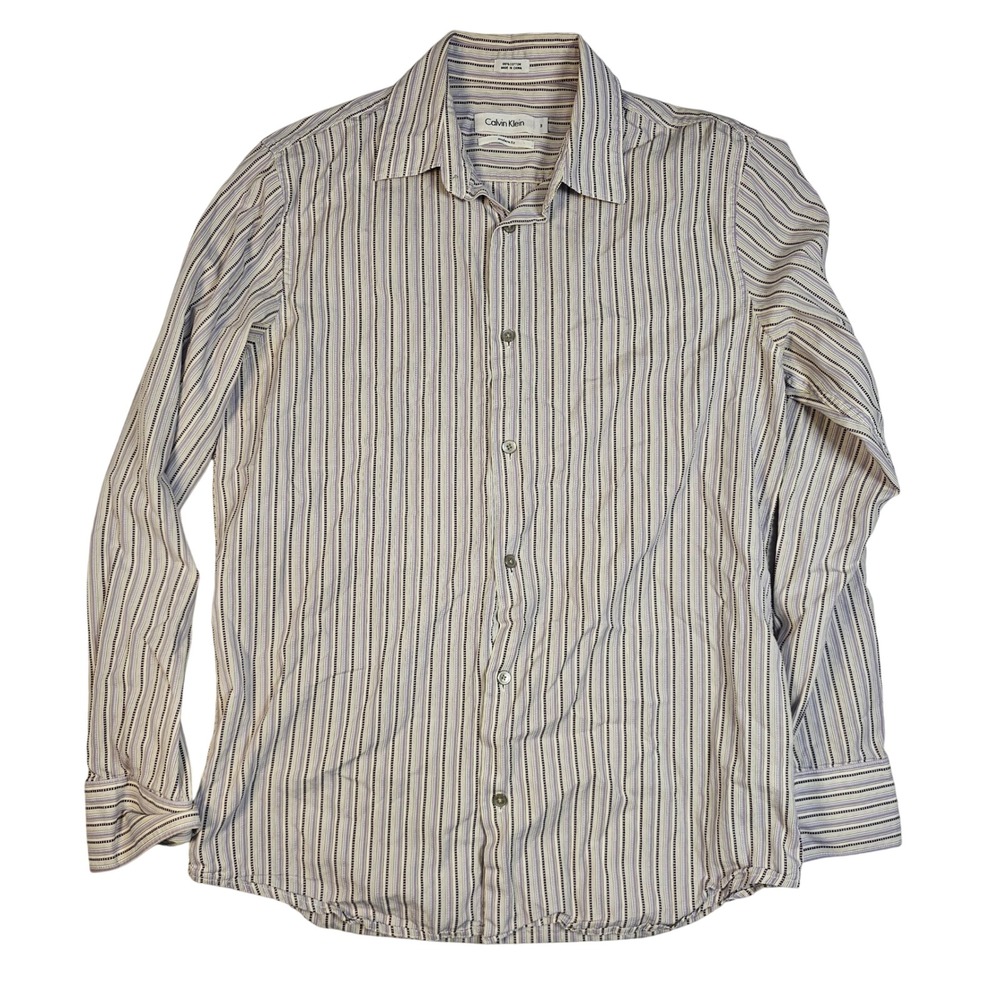 Calvin Klein Mens Small Modern Fit Purple Grey Striped Long Sleeve Button‎ Down